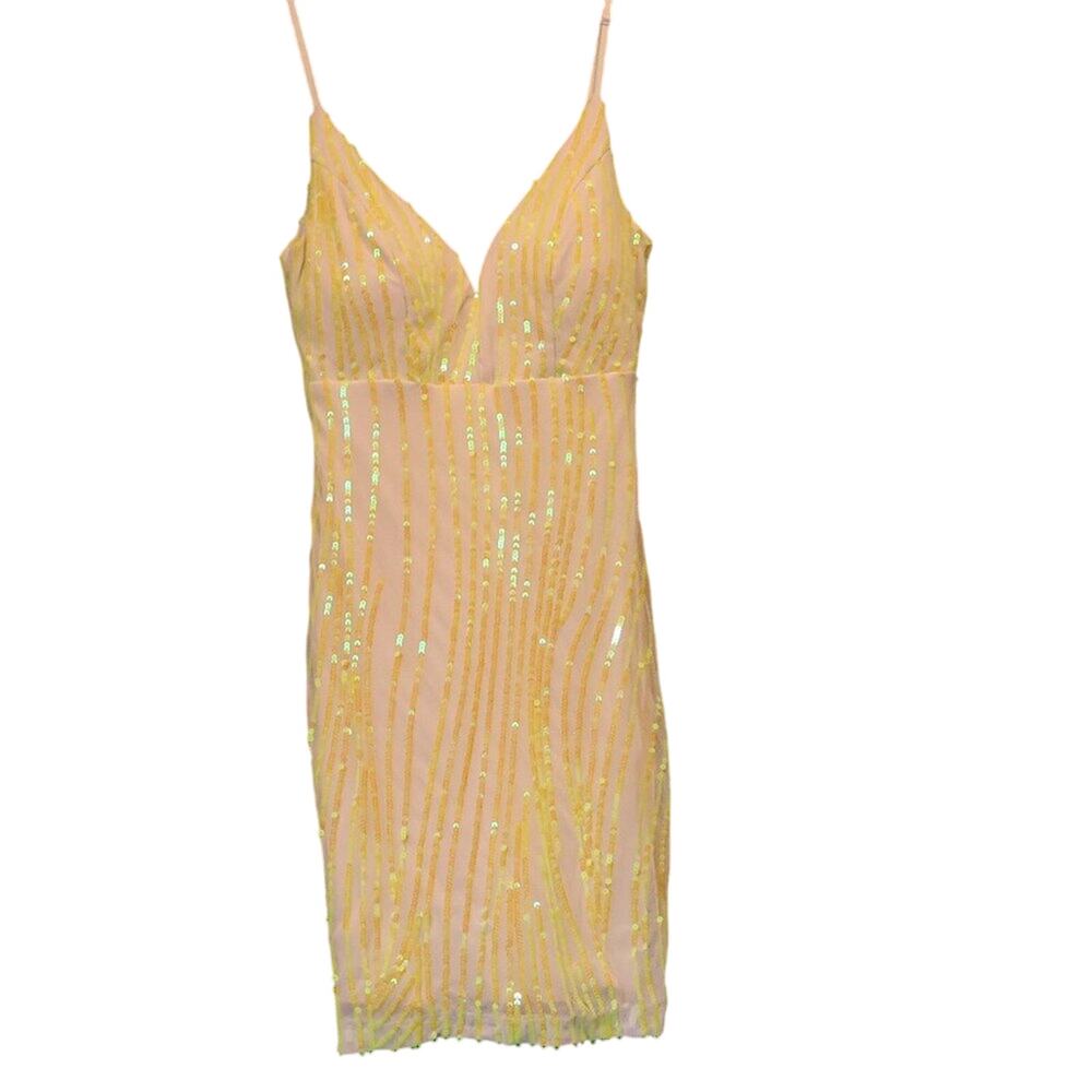 EUC Juniors Sequined Body Con Dress Neon Yellow and Cream, Size Small